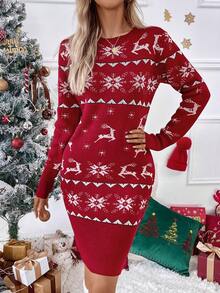 SHEIN LUNE 聖誕圖案落肩袖毛衣洋裝 - 彩色 - 查看 5
