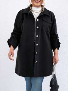 Calvaya Plus Roll Tab Sleeve Flap Pocket Overcoat - Black - View 1