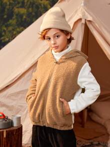 SHEIN Tween Boy Bear Embroidery Two Tone Hooded Teddy Jacket - Khaki - View 5
