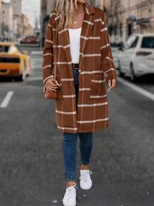 SHEIN LUNE Plaid Print Drop Shoulder Pocket Patched Overcoat - Redwood - View 5