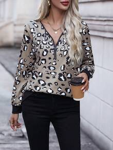 SHEIN LUNE 豹紋印花半拉鏈運動衫 - 彩色 - 查看 4