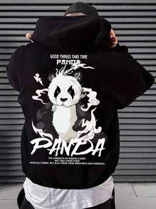 Manfinity Hypemode Men Plus Panda & Slogan Graphic Kangaroo Pocket Drawstring Hoodie - Black - View 5