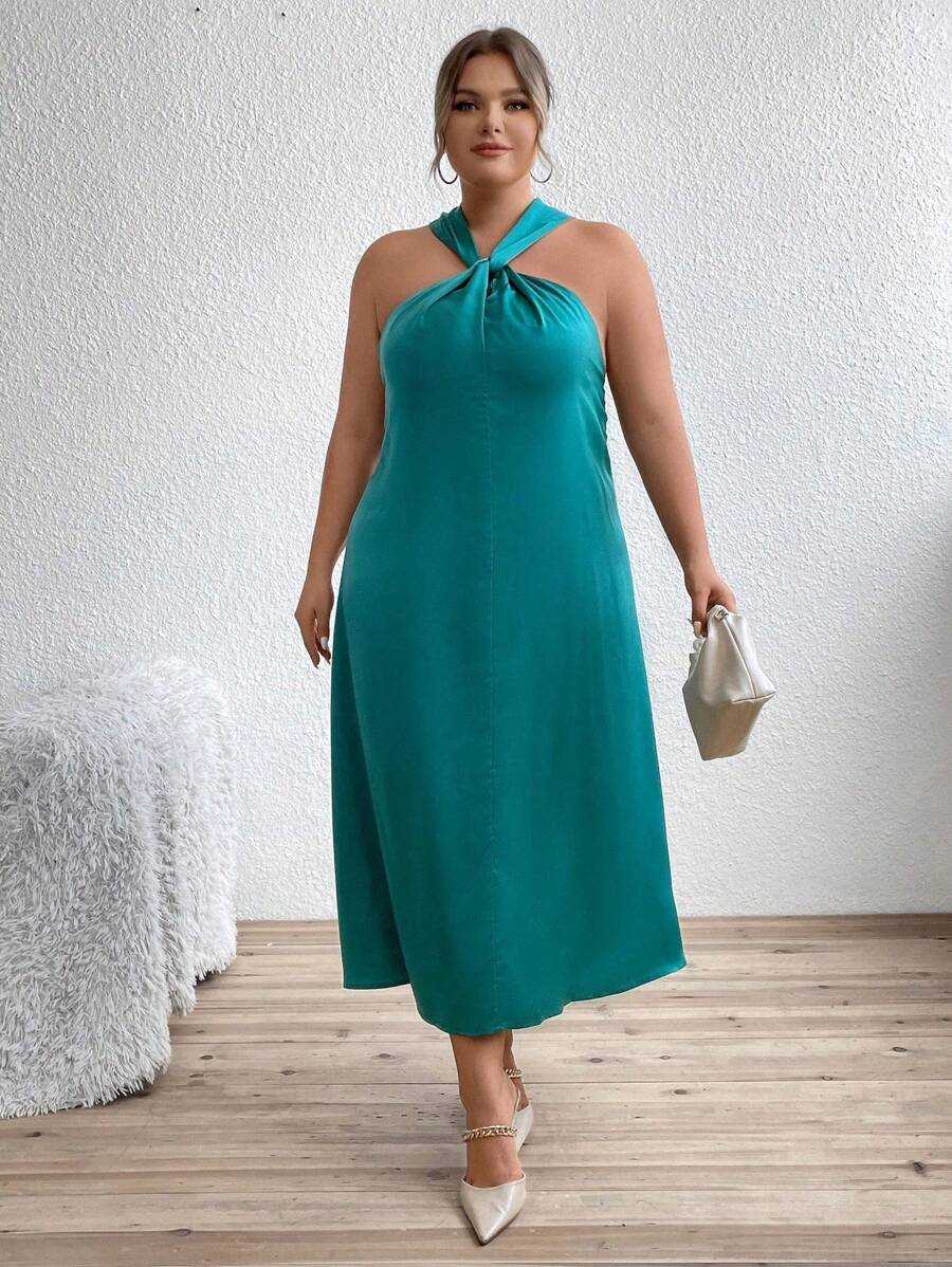Flirla Plus Solid Twist Front Dress - Teal Blue - View 1