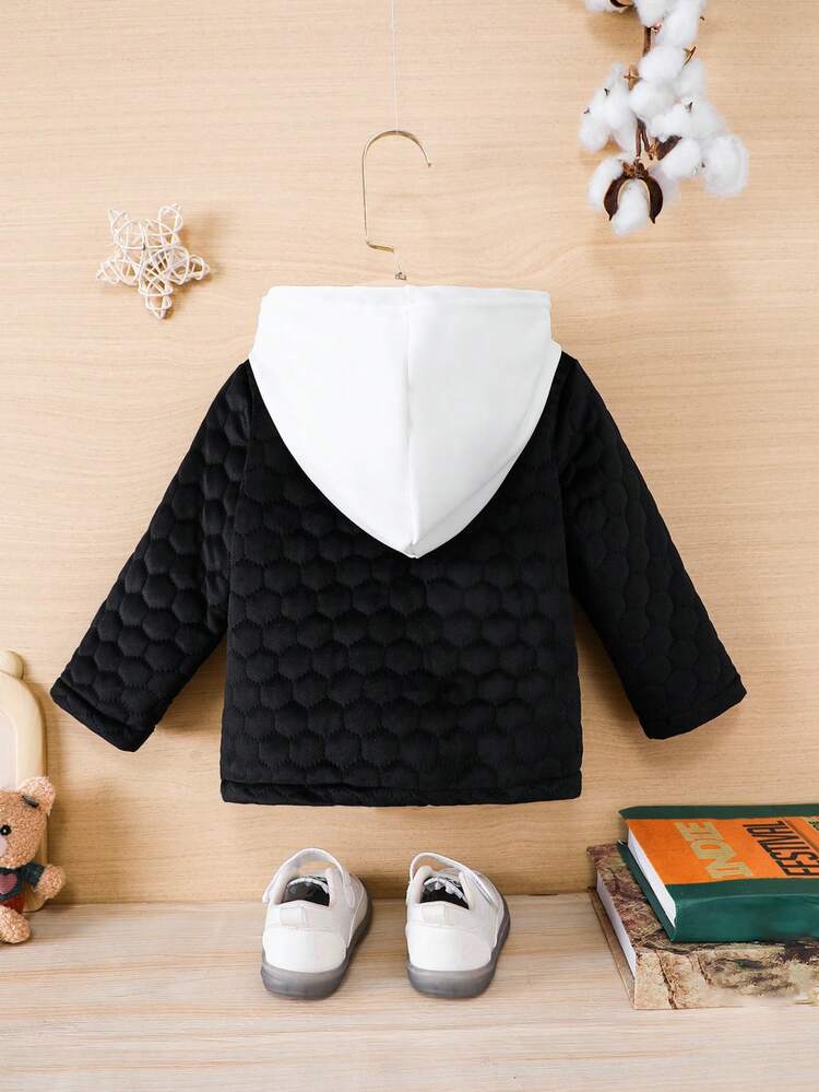 Baby Boy Letter Patched Detail Colorblock Hooded Quilted Coat