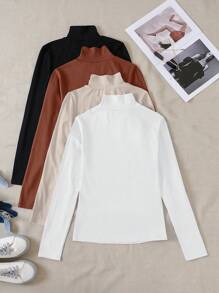 INAWLY 4pcs Solid Mock Neck Tee Fall Cloth For Women - Multicolor - View 2