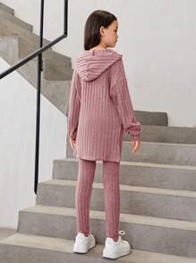 SHEIN Leap Crew Tween Girl Letter Patched Drop Shoulder Hooded Tee & Leggings - Pink - View 2