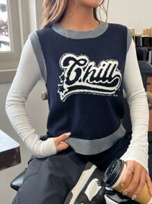 SHEIN EZwear Letter Pattern Contrast Trim Sweater Vest Without Tee - Multicolor - View 1