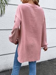 SHEIN Essnce 半排扣落肩袖口袋貼布下擺開叉襯衫 - 粉色 - 查看 3