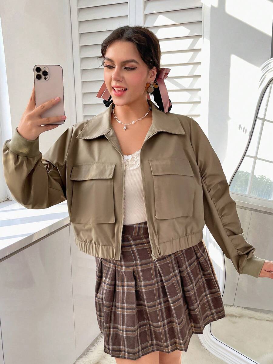 SHEIN EZwear 大碼夾克帶百褶和拉鍊閉合 - 卡其色 - 查看 1