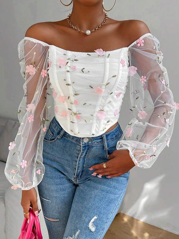 SHEIN Unity Top cu tiv curbat cu mânecă lanternă cu broderie florală