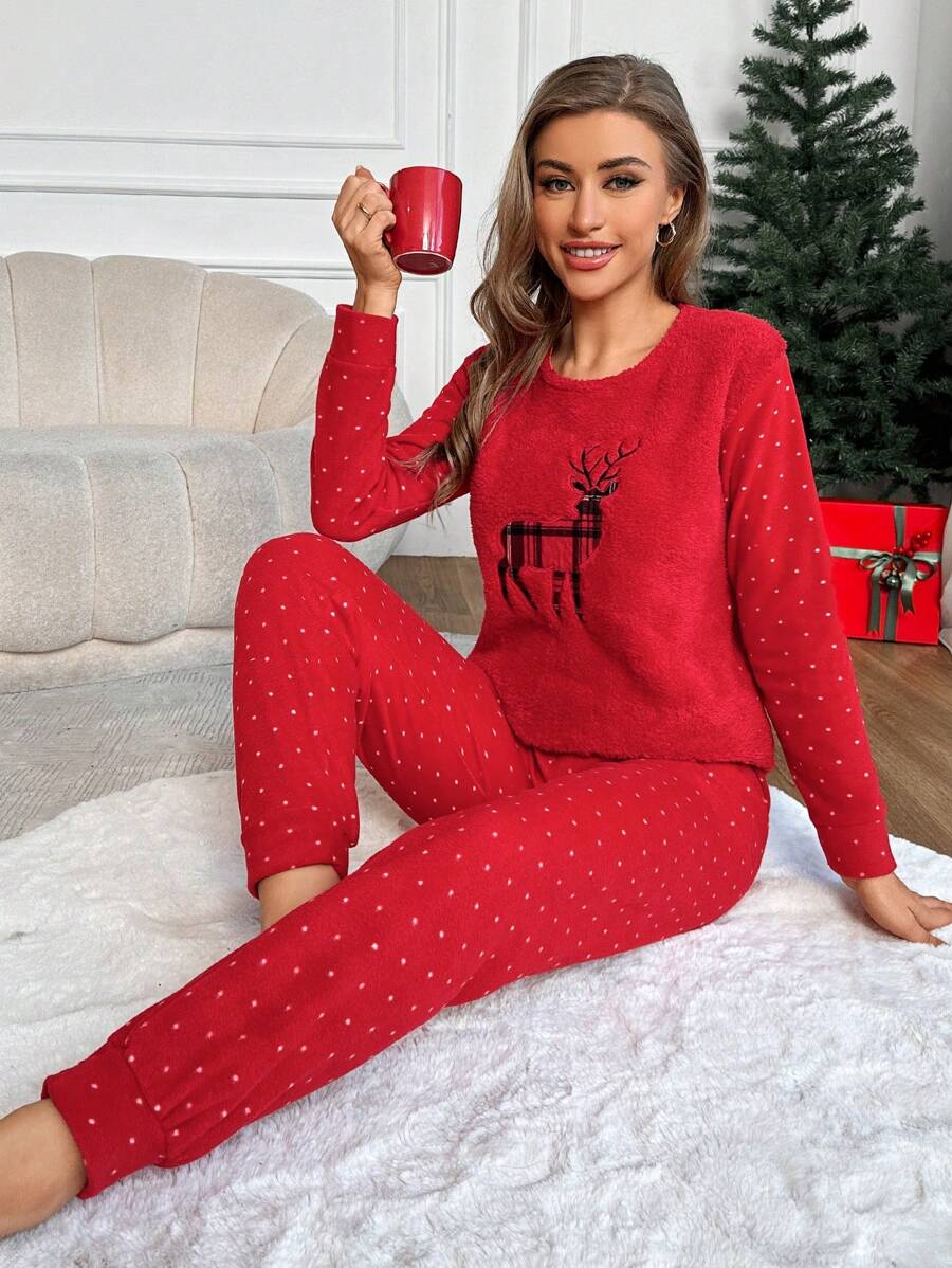 SHEIN Cottnline Polka Dot Deer Embroidery PJ Set - Red - View 1