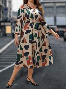 EMERY ROSE Plus Geo Print Lantern Sleeve Belted Dress - Multicolor - View 4