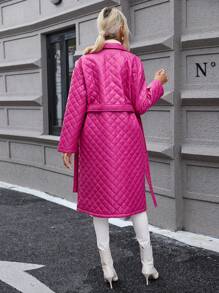 SHEIN LUNE Winter Clothes Casual Solid Color Diamond Pattern PU Leather Long Sleeve Padded Padded Coat - Hot Pink - View 3
