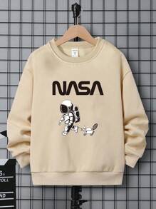 SHEIN Tween Boy Astronaut & Letter Graphic Thermal Lined Pullover - Khaki - View 1