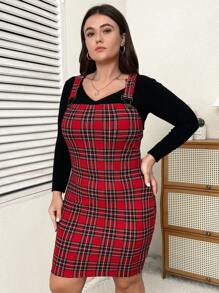 SHEIN Essnce Plus Tartan Print Overall Dress Without Tee - Multicolor - View 3