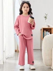 Young Girl Letter Patched Detail Tee & Seam Front Pants - Pink - View 3