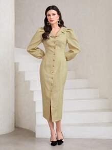 Modelyn Robe Unicolore À Bouton Manches Bouffantes
