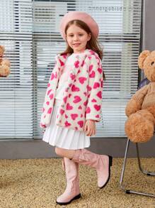 SHEIN Young Girl 1pc Heart Pattern 3D Ear Design Hooded Fuzzy Coat - White - View 3
