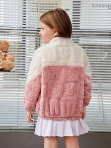 SHEIN Young Girl Two Tone Drop Shoulder Teddy Jacket With Bear Bag - Pink - View 2