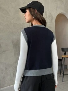 SHEIN EZwear Letter Pattern Contrast Trim Sweater Vest Without Tee - Multicolor - View 2