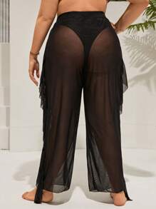 Swim Lushoire Summer Beach Plus Ruffle Trim Sheer Mesh Cover Up Pants - Black - View 2