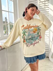 SHEIN EZwear Của phụ nữ Nhiệt đới In thư Áo nỉ - Màu be - Xem 2