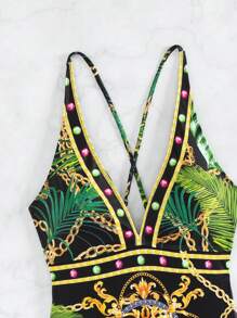 錬條圖案深V連體泳衣 - 彩色 - 查看 4