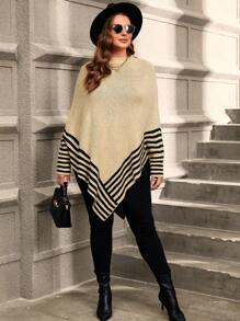 SHEIN Clasi Plus Striped Pattern Batwing Sleeve Asymmetrical Hem Sweater - Apricot - View 3