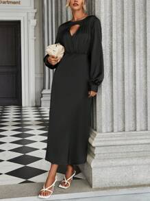 SHEIN Clasi Cắt ra phía trước Tay áo lồng đèn Đầm - màu đen - Xem 1