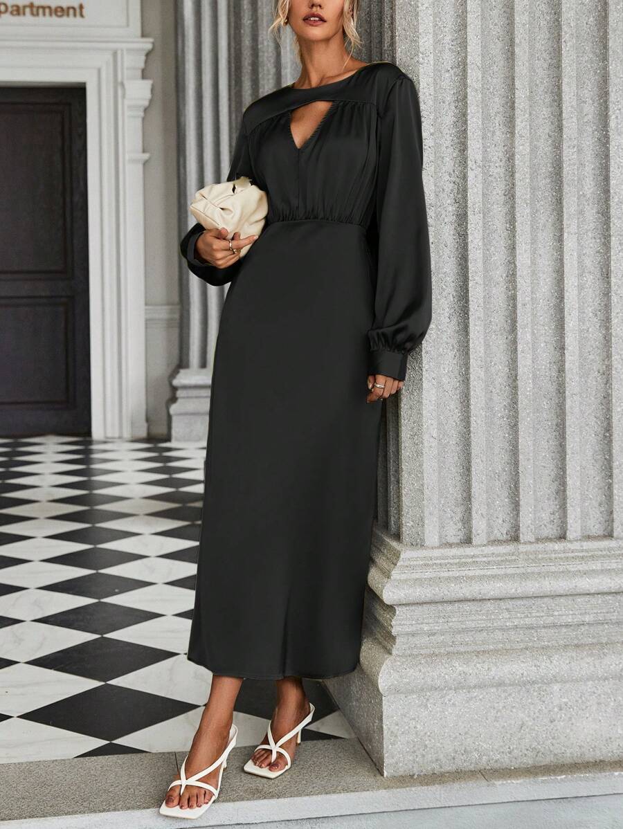 SHEIN Clasi Cắt ra phía trước Tay áo lồng đèn Đầm - màu đen - Xem 1