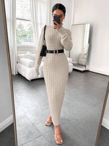 EURMUSE Abito maglione monocolore dolcevita in maglia a trecce spalle cadenti - Grigio - Visualizzare 4