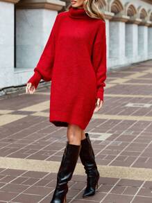 EURMUSE Turtleneck Drop Shoulder Sweater Dress Without Belt - Red - View 6
