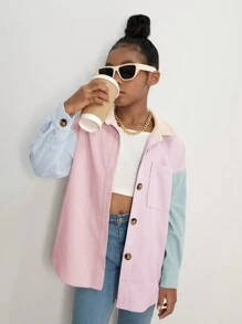 SHEIN 女大童撞色落肩袖燈芯絨大衣 - 卡其色 - 查看 5