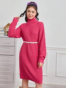 Teen Girl Turtleneck Drop Shoulder Ribbed Knit Sweater Dress - Hot Pink - View 1
