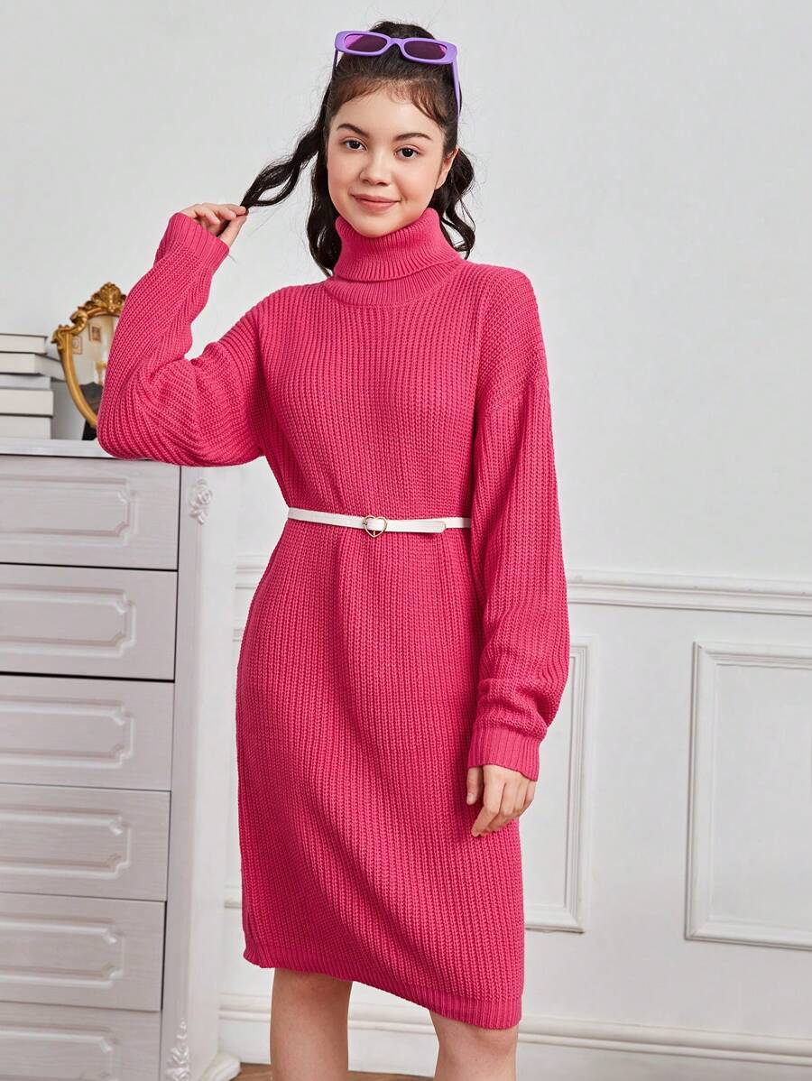 Teen Girl Turtleneck Drop Shoulder Ribbed Knit Sweater Dress - Hot Pink - View 1