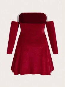 Flirla Plus Fuzzy Trim Off Shoulder Velvet Dress