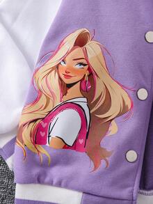 SHEIN 女小童標語和人物圖案條紋飾邊落肩袖學院風夾克 - 紫色 - 查看 7