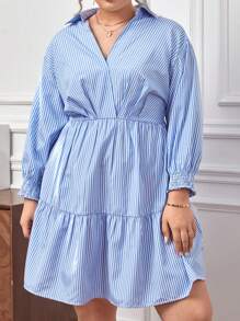 SHEIN Privé Plus Striped Print Ruffle Hem Dress - Multicolor - View 3