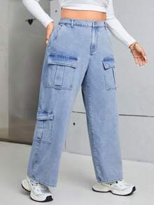SHEIN ICON Hơn Cao eo Túi có nắp Quần jean - Rửa nhẹ - Xem 5