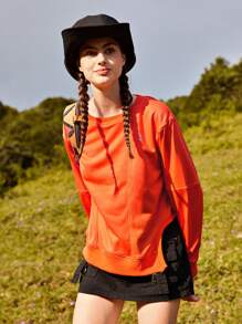 In My Nature Letter Patched Detail Drop Shoulder Outdoor Sweatshirt - Orange - View 7