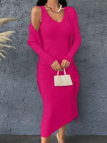 EURMUSE Ribbed Knit Sweater Dress & Cardigan