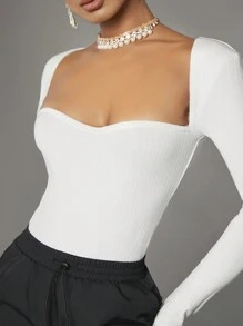 SHEIN BAE Sweetheart Neck Ribbed Knit Bodysuit - White - View 6