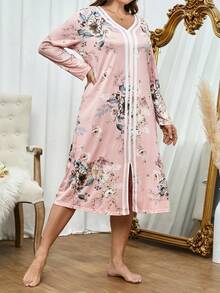 大碼印花拼接邊下擺開叉睡裙 - 淺粉色 - 查看 4