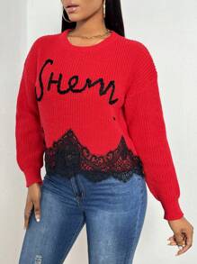 Zolique Suéter de punto con caída de hombros, encaje y patrón de letras, para otoño e invierno - Rojo - Ver 6