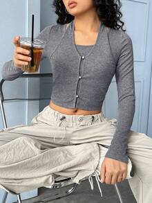 SHEIN EZwear 前紐扣繞頸短款T恤 - 灰色 - 查看 4