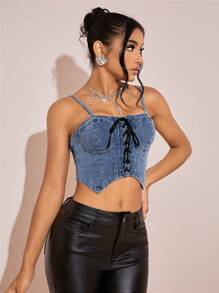 Lace Up Front Asymmetrical Hem Denim Top - Blue - View 1
