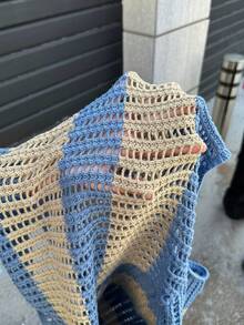 SHEIN EZwear 大碼條紋圖案網眼針織落肩袖套頭毛衣 - 彩色 - 查看 7