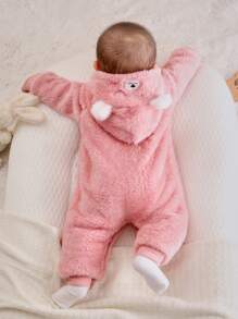 SHEIN Persoplay Kids Baby Mädchen PJ-Overall Cartoon Stickerei, 3D-Ohren Design, Kapuze, Flanell