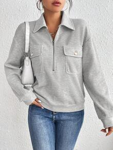 SHEIN Essnce Flap Pocket Half Zip Drop Shoulder Sweatshirt - Light Grey - View 3