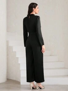 Modelyn Cổ giả quần ống rộng Xa ten Áo liền quần Không có dây chuyền - màu đen - Xem 2